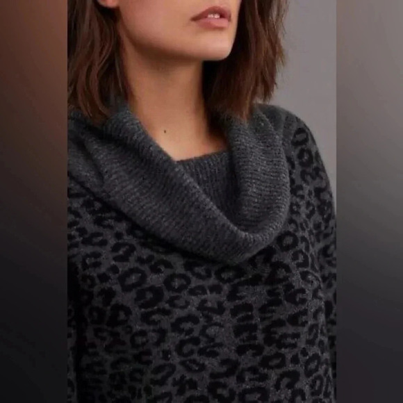 Anthropologie Emmy Cowl Neck Tunic Sweater Leopard Print Gray Black Wool Size XS - Picture 3 of 9